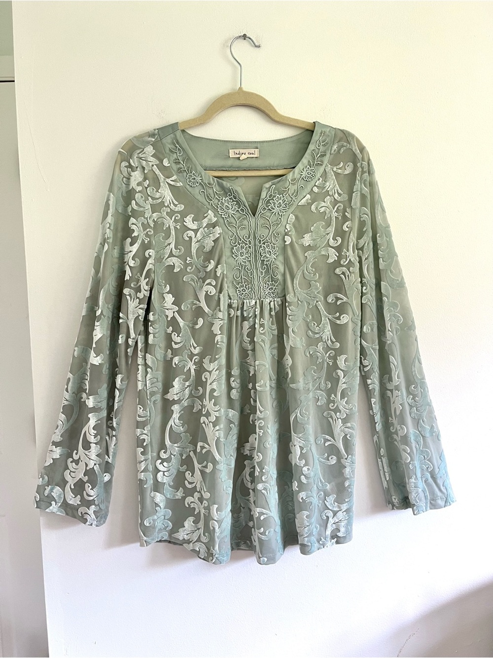 Indigo Soul Sage Semi Sheer Velvet Long Sleeve Top Fairycore Ethereal Whimsical